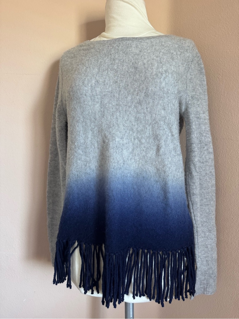 Aqua Grey to Navy Ombre Fringe Crewneck Sweater